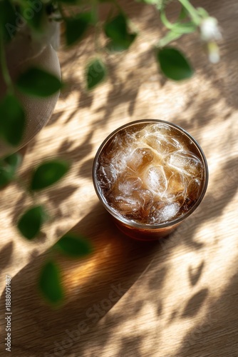 Wallpaper Mural Perfectly Chilled Cold Brew on Wooden Surface with Gentle Shadows Torontodigital.ca