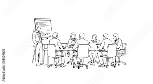 business team presentation with a manager explaining market analysis on a flip chart during a corporate meeting for strategic planning.