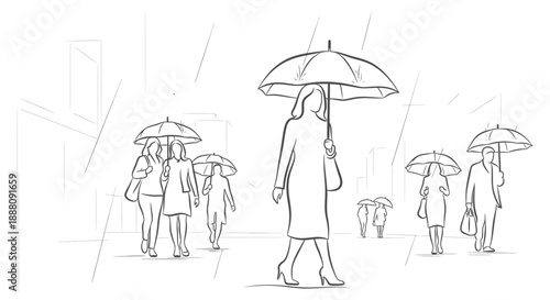 people walking with umbrellas in the rain through a busy urban city street illustrating daily life and commute challenges in bad weather conditions.