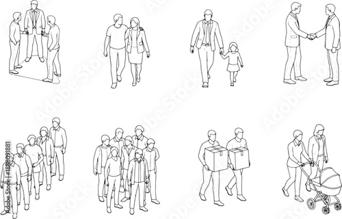 A compilation of line drawings depicting various social interactions. The image highlights the diversity of human connections and activities, using minimalist artistry.