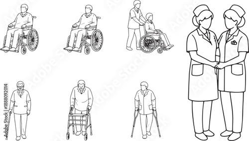 Healthcare workers stand ready to offer support and care. Depicted are people of varying ages and conditions, including wheelchair, walking stick, or walker.