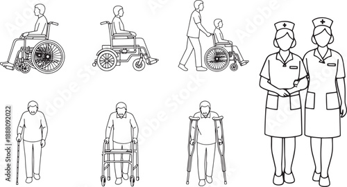 Graphic line art illustration showing the essence of healthcare, a collection of images that symbolize care and support for people with disabilities, the elderly and infirm.