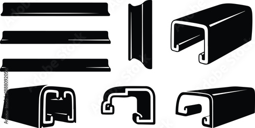 Black and white metal profiles and sections illustration set