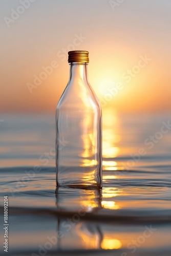 Bottle with Golden Cap Floating in Shallow Blu Water at Sunset