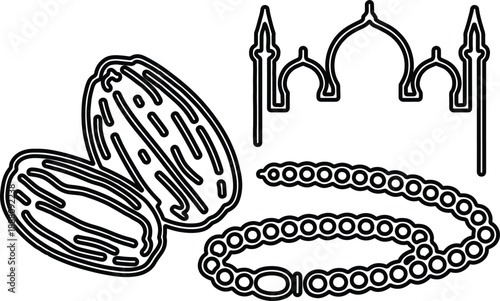 Adobe Illustrator Artwork "Islamic Symbols: Dates, Prayer Beads, and Mosque Vector Illustration"