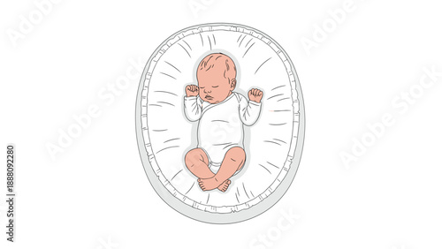 Adorable newborn baby peacefully sleeping in a soft, comfortable round baby nest or pod, representing safety, tranquility, and early infant care for a peaceful rest.
