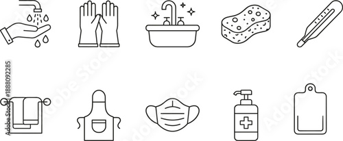 Personal Hygiene and Health Care Line Icon Set Featuring Hand Washing, Gloves, Soap, Mask, Sanitizer, Bathroom, and Cleaning Essentials for Medical and Lifestyle Design Use