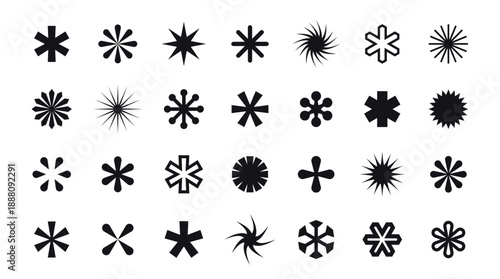 asterisks and stars icons, geometric abstract shapes set isolated on white, vector design