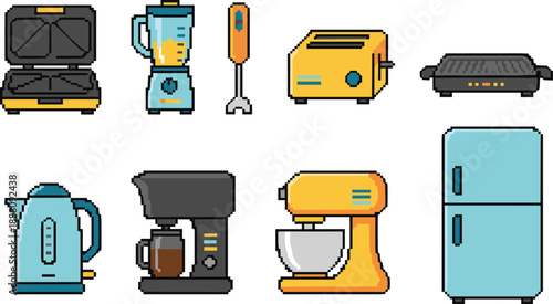 Pixel Art Kitchen Appliance Icon Set Featuring Blender, Toaster, Coffee Maker, Kettle, Grill, Mixer, and Refrigerator for Retro Games, UI, and Digital Design Projects