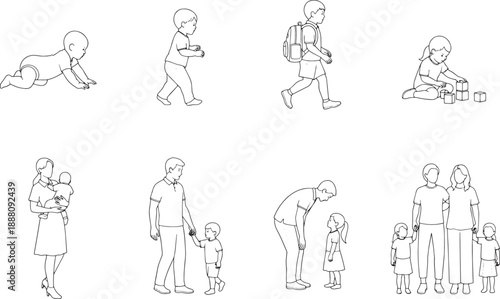 The cycle of human growth illustrated in a simple line drawing, covering infancy through childhood to parenthood, capturing key developmental stages in monochrome.