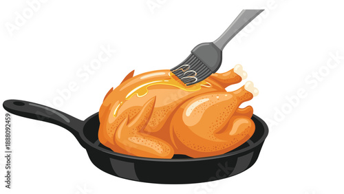 A golden roasted chicken glistening with butter and oil, being basted with a brush in a cast iron skillet, preparing a delicious, savory, and succulent meal.