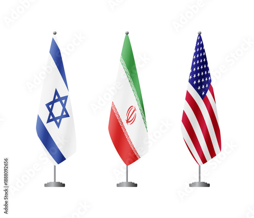Three cone shaped flags on poles, Israel, Iran, United States, isolated on a transparent background