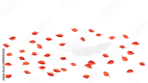 A single white feather drifts among scattered red autumn leaves, illustrating the gentle descent of fall, symbolizing change, movement, and the ephemeral beauty of nat...