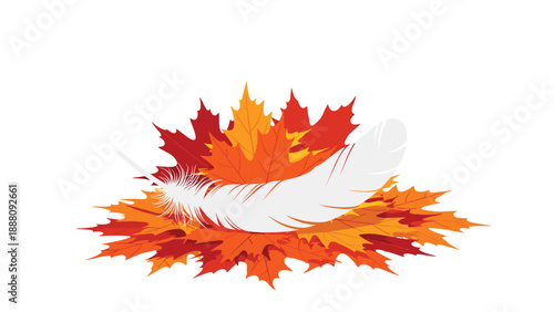 A delicate white feather resting on a vibrant pile of red and orange autumn maple leaves, symbolizing lightness, nature, fall season, and gentle transition.