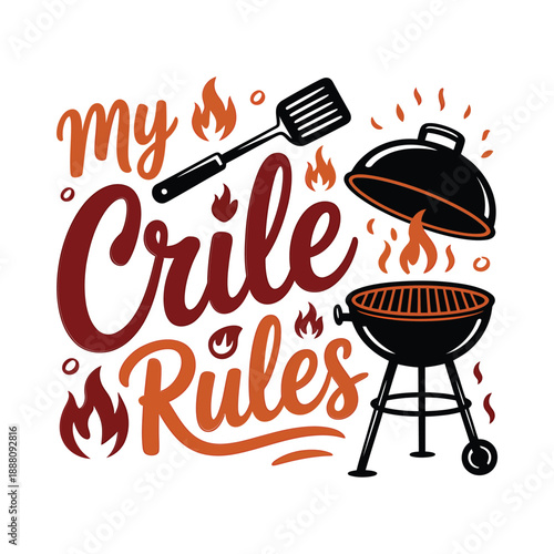 A vibrant illustration featuring a grill spatula and playful text My Grille Rules