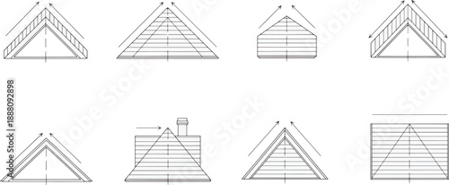 A collection of architectural roof diagrams detailing varied construction styles, highlighting the structural forms of buildings.