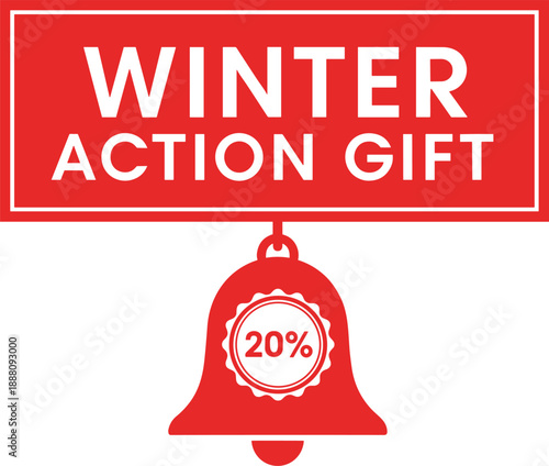 Winter action gift promotional banner with notification bell and discount badge, featuring seasonal sale concept, holiday marketing design, special offer symbol, and red minimal graphic style