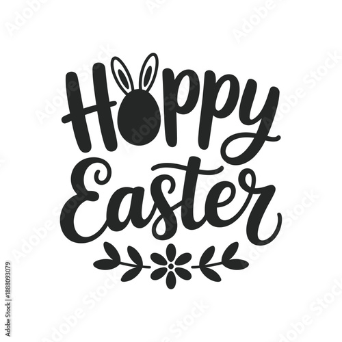 A playful hoppy easter hand lettered typography design with rabbit and floral elements