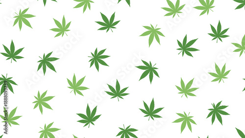 A repeating pattern of vibrant green cannabis leaves scattered across a white background, symbolizing marijuana, legalization, alternative medicine, and recreational use.