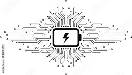 Abstract battery power chip with lightning bolt icon and connected circuit lines, representing digital energy flow, electronics, AI technology, data network, and innovation