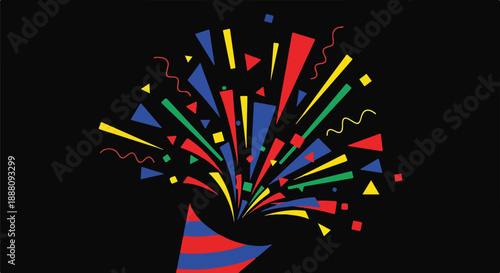 Vibrant party popper exploding with colorful confetti and streamers against a dark background, symbolizing celebration, joy, and festive events.