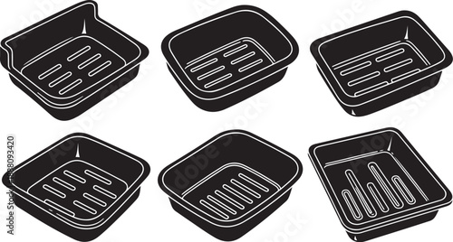 Six black square baking dishes with different grill patterns