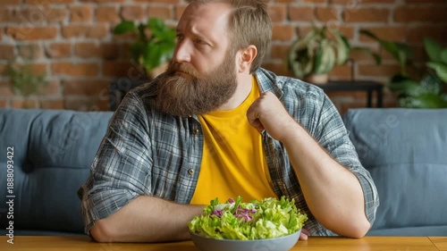 A obese, overweight man thinks about his food, health, and salad. He weighs quantities and nutrients on a couch at home.