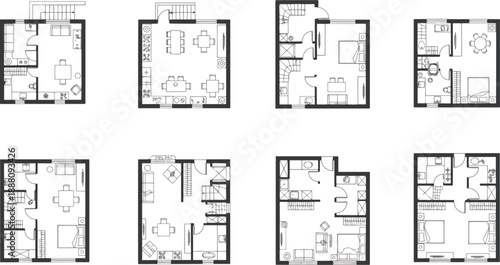 A collection of meticulously rendered architectural floor plans showcases diverse layouts, offering a glimpse into design and functionality in this photorealistic rendering.