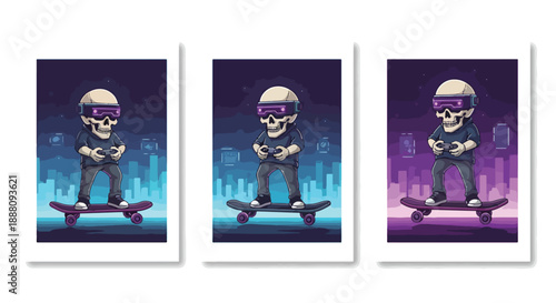 a set of posters of a skull wearing VR headset on a skateboard  cityscape at night