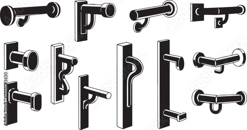 Collection of various door handles and levers illustrated