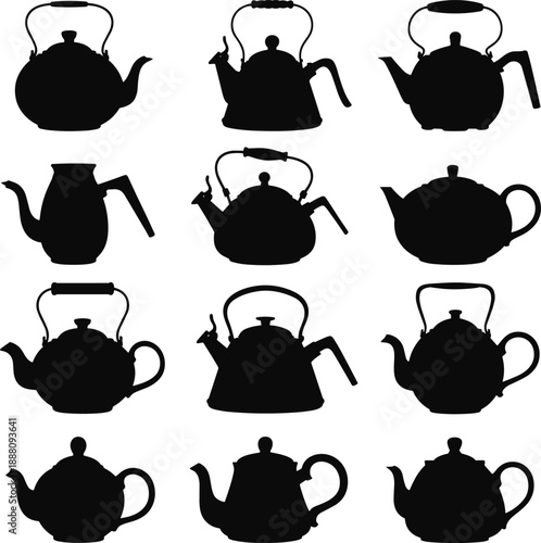 Black silhouette teapot and kettle icon set, vintage kitchen cookware collection, tea brewing concept illustration for café menu, packaging, home decor design.