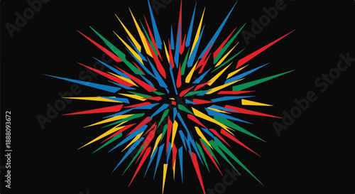 Explosion of colorful abstract shapes and lines radiating from the center against a black background
