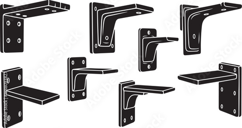 Various black metal bracket designs and shapes isolated white