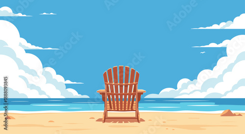 A peaceful beach scene with a wooden Adirondack chair facing the calm ocean under a partly cloudy blue sky for a summer vacation.