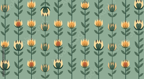 A seamless vertical striped pattern of stylized retro flowers in yellow and orange tones on a muted green background design.
