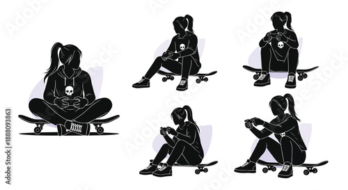 black and white illustrations of a girl sitting on skateboards in different poses
