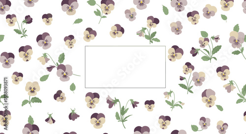 A delicate and gentle floral background pattern of scattered purple and cream pansy flowers with a blank white rectangle for text.