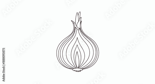 A minimalist black and white line art illustration of a halved red onion showing its internal layers in a simple outline style.