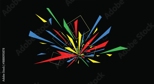 Explosion of colorful abstract geometric shapes and lines radiating from a central point on a black background