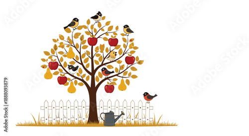 A charming autumn scene with a fruit tree bearing apples and pears visited by several small birds in a fenced garden.