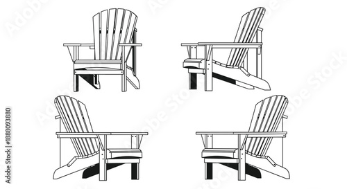 A black and white line art set of an Adirondack chair shown from four different angles for furniture design or assembly.
