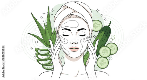 A woman with a towel on her head applies a face mask with fresh aloe vera and cucumber slices for natural skincare.