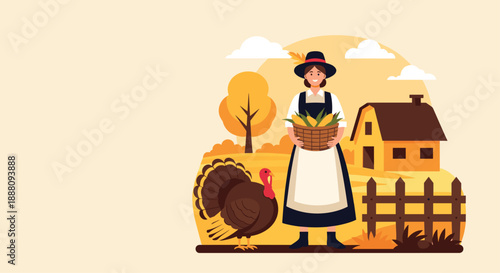 A traditional Thanksgiving illustration of a pilgrim woman holding a harvest basket next to a turkey on a farm with an autumn background.