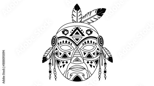 Tribal mask with feathers and geometric patterns