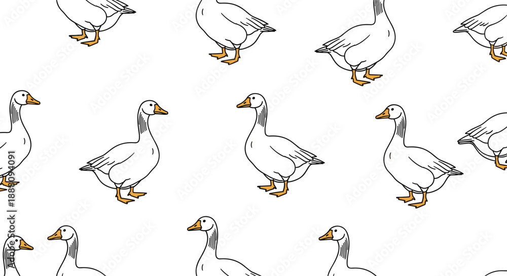 Obraz premium A cute and minimalist seamless pattern of white cartoon geese standing in profile on a plain white background for textiles.