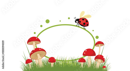 A cute nature-themed frame with a ladybug on a green vine surrounded by red toadstool mushrooms in a grassy meadow.
