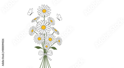 A beautiful and simple bouquet of white daisies tied with a bow with several butterflies fluttering above on a white background.