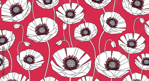 A bold and graphic seamless pattern of stylized white poppy flowers with geometric petals on a vibrant solid red background.