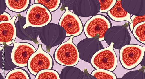 A vibrant and delicious seamless pattern of whole and sliced purple figs with red centers on a light purple background.