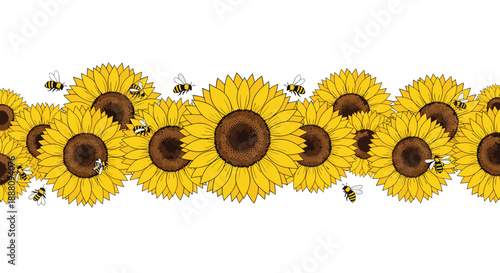 A cheerful horizontal border of bright yellow sunflowers with busy bees flying around them isolated on a clean white background.